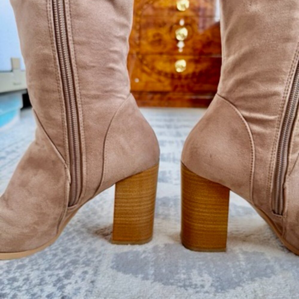 Tan Vegan Suede Over The Knee Stacked Wooden Heel Boots - Picture 6 of 8